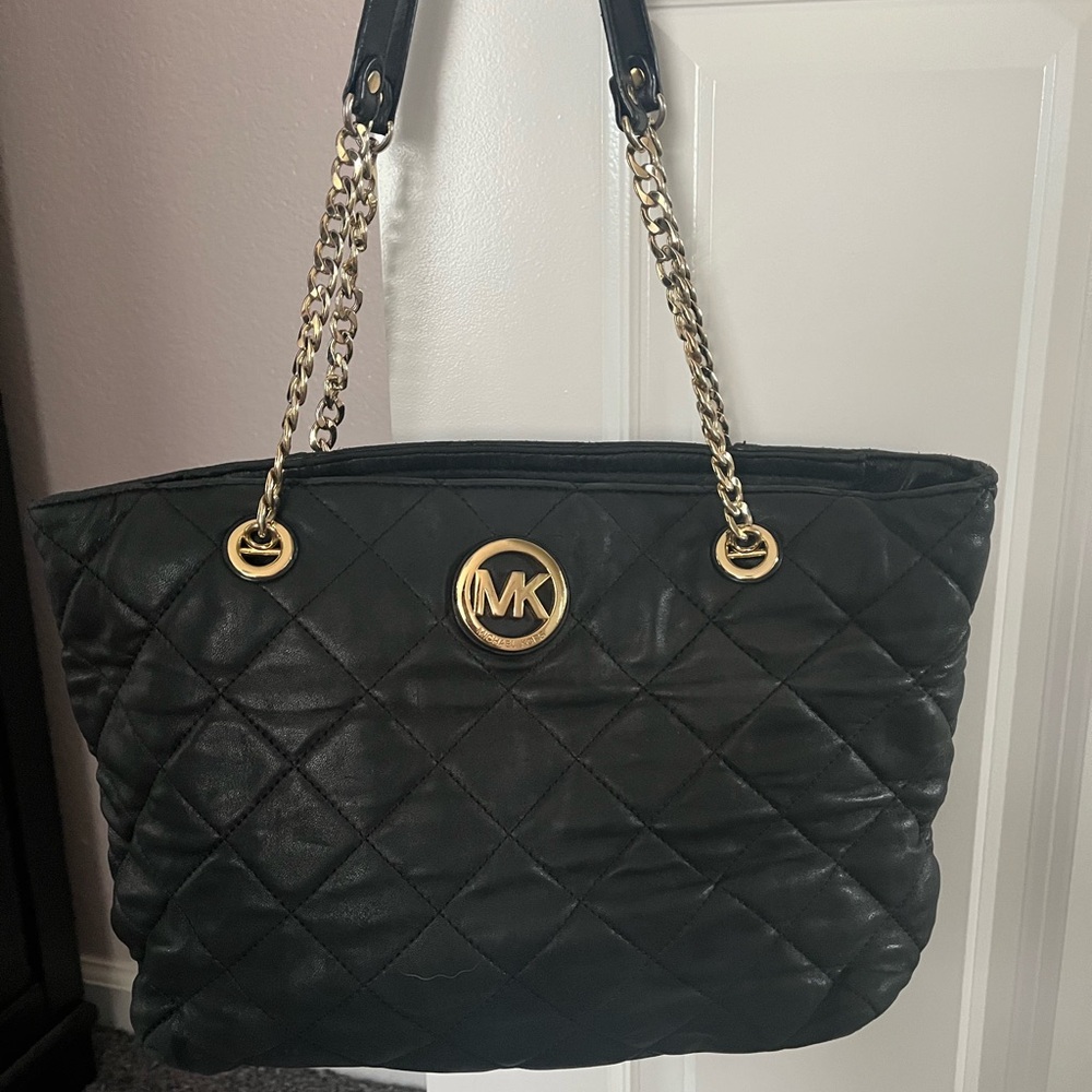 Michael Kors Black Quilted Tote with Gold Accents
